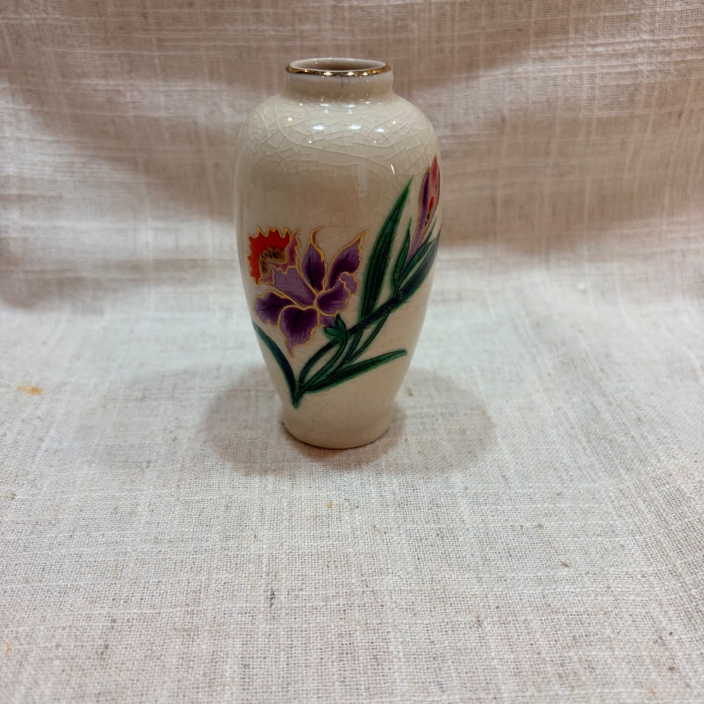 Homco Japan Vintage Satsuma Style Floral Bud Vase Crackle Glaze Gold Rim 4 Inch